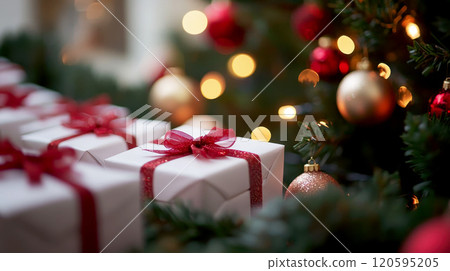 white gift boxes with red ribbon on Shiny blurred background with bokeh, baubles, decorated Christmas tree and spruce branches. Mockup pedestal on a table. 120595205