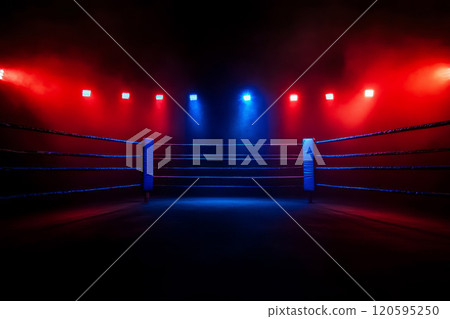 Empty boxing ring with spotlights shining down. 120595250