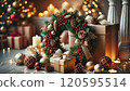 White Christmas presents and Christmas wreath background 120595514