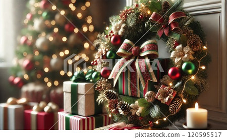 Sparkling Christmas presents and wreaths Sparkling Christmas presents and wreaths 120595517