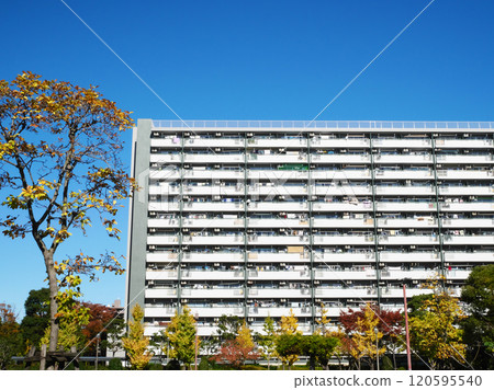 Cityscape with blue sky and housing complex | Takashimadaira housing complex 120595540