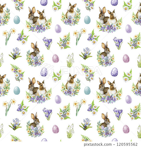 Hand drawn seamless Easter pattern in vintage style with cute little bunnies, pastel colored eggs and primrose floral bouquets. Perfect for spring decor, gift wrap, holiday designs. White background 120595562