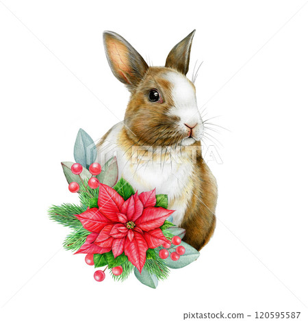 Cute bunny with Christmas decor hand-painted vintage style illustration on a white background. Winter mood festive and detailed, ideal for holiday designs, greeting cards and seasonal packaging Cute bunny with Christmas decor hand-painted vintage style illustration on a white background. Winter mood festive and detailed, ideal for holiday designs, greeting cards and seasonal packaging 120595587