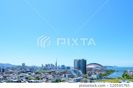 View of Momochihama, Jigyohama, and Fukuoka Tower in Sawara Ward from Tojinmachi and Ohori Park, Spring 2024, mid-morning and mid-afternoon colors 120595765
