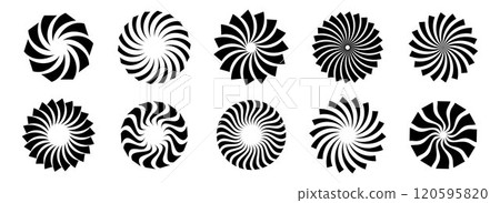 Set of black rotating beams and rays in circles. Radial sunburst elements pack. Round spinning swirls, stars and twirls pack. Illustration bundle for banner, badge, sticker, poster. Vector 120595820