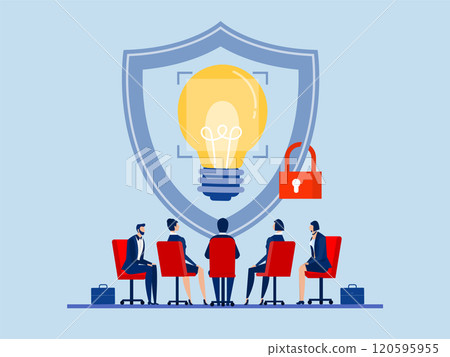 Protect Intellectual property, patent protection, copyright reserved or product trademark that cannot copy concept, team business agree copyright with light bulb idea locked with padlock for patents. Protect Intellectual property, patent protection, copyright reserved or product trademark that cannot copy concept, team business agree copyright with light bulb idea locked with padlock for patents. 120595955