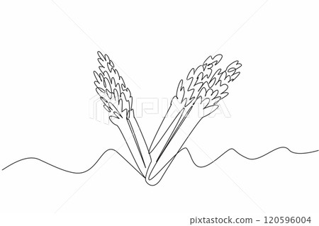 Continuous line drawing of green asparagus form letter V. Follow vegan lifestyle for healthy life. Vegan plant concept for flyer, poster, social media 120596004