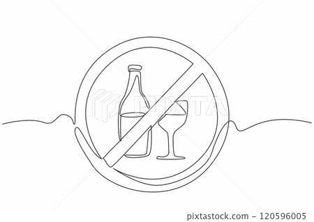 One line drawing of forbidden alcohol bottle and glass. Stop drinking liquor campaign. Urging people to healthy lifestyle with no beer. Dry January One line drawing of forbidden alcohol bottle and glass. Stop drinking liquor campaign. Urging people to healthy lifestyle with no beer. Dry January 120596005