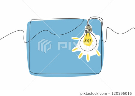 Single continuous line drawing of rectangle with bulb lamp hanging on the corner. National Trivia Day. Template for poster, banner, greeting card, with text copy space. Vector art illustration design Single continuous line drawing of rectangle with bulb lamp hanging on the corner. National Trivia Day. Template for poster, banner, greeting card, with text copy space. Vector art illustration design 120596016