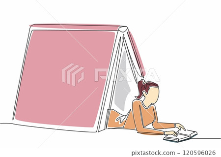 World Introvert Day. Continuous one line drawing of beauty young woman reading a book. lying down under big book. Book camp concept for shy people. Annual event. Single line vector illustration 120596026