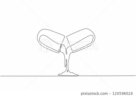 National Pharmacist Day. One single line drawing of opened capsule and remove the ingredient powder from it. New medicine formula innovation concept. Continuous line vector art illustration 120596028