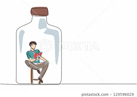 World Introvert Day. Single continuous line draw of handsome man sitting on chair and reading the story book inside of glass bottle. Human mental health. Communication difficulty. Vector illustration 120596029