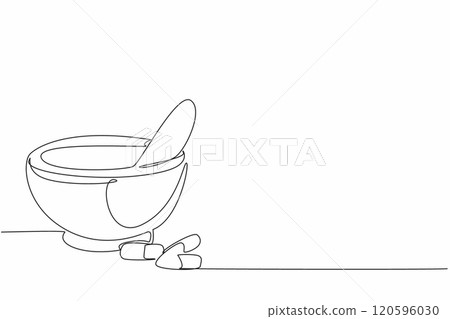 National Pharmacist Day. One single line drawing of ceramic mortar, pestle, and capsule. Grind pill medicine into new formula. Medical healthcare treatment concept. Vector line graphic design art 120596030
