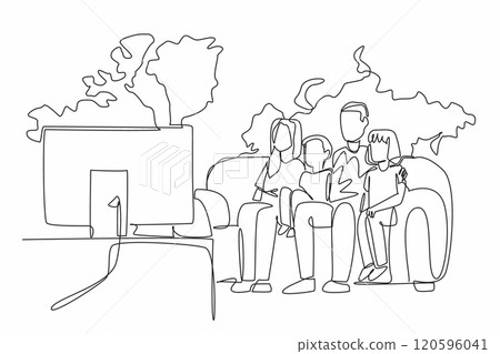Single line drawing of happy family, father, mother, boy and girl sitting on comfy couch watching flat tv with big world map on the wall background. Global Family Day. International event to celebrate Single line drawing of happy family, father, mother, boy and girl sitting on comfy couch watching flat tv with big world map on the wall background. Global Family Day. International event to celebrate 120596041