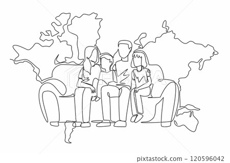One single line drawing of mother, father, son and daughter sitting on modern sofa and talking together with big world map on the wall behind as background. Family time. Global Family Day One single line drawing of mother, father, son and daughter sitting on modern sofa and talking together with big world map on the wall behind as background. Family time. Global Family Day 120596042