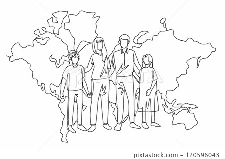 Global Family Day. Continuous line drawing of happy family standing with big world map on the wall behind as background. Mom, dad, boy and girl. Vector art illustration graphic design 120596043