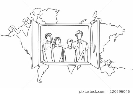 Single continuous line drawing of young happy family inside the open window with world map as a background. Global Family Day. Annual event to celebrate. Poster, banner, flyer, greeting card design Single continuous line drawing of young happy family inside the open window with world map as a background. Global Family Day. Annual event to celebrate. Poster, banner, flyer, greeting card design 120596046