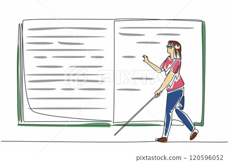 One line drawing of character woman walk by fingering huge braille books, trying to spell the words. Learn to read. International world braille day 120596052