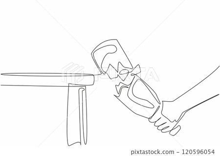 One line drawing of beer bottles were smashed at the end of the table until they broke into pieces. Stop and say no to alcohol campaign. Dry January 120596054