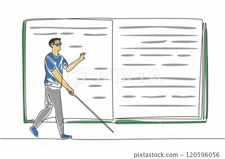 Single line drawing of character man walking with stick and touching a giant braille book, trying to read. World Braille Day event. Communication way Single line drawing of character man walking with stick and touching a giant braille book, trying to read. World Braille Day event. Communication way 120596056