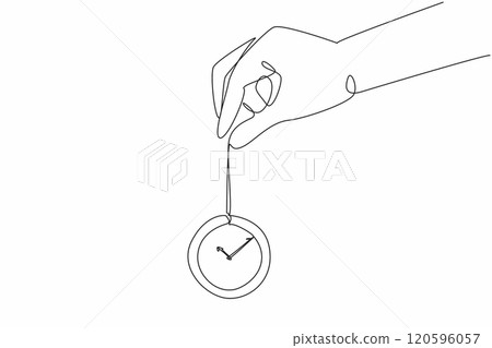 Single one line drawing of hand holding old vintage pocket watch with long chain. Antique clock. World hypnotism day. International event. Celebrate every year. Continuous line vector illustration Single one line drawing of hand holding old vintage pocket watch with long chain. Antique clock. World hypnotism day. International event. Celebrate every year. Continuous line vector illustration 120596057