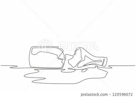 Continuous line drawing of shattered beer bottle into broken glass. Dry January. No alcohol month. Stop and abstain drinking, public health campaign. 120596072