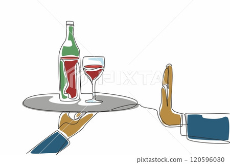 One line drawing a hand make a stop gesture to prevent alcohol drink in glass and bottle. Dry January international event to forbid drinking alcohol 120596080