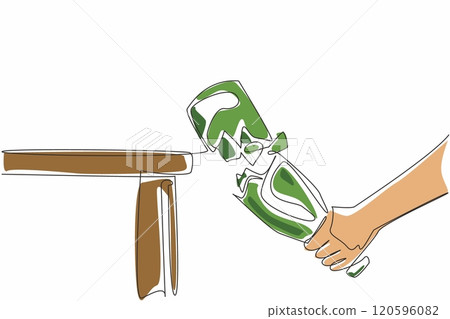 One line drawing of beer bottles were smashed at the end of the table until they broke into pieces. Stop and say no to alcohol campaign. Dry January One line drawing of beer bottles were smashed at the end of the table until they broke into pieces. Stop and say no to alcohol campaign. Dry January 120596082