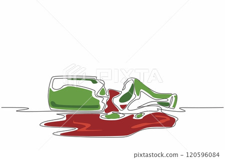 Continuous line drawing of shattered beer bottle into broken glass. Dry January. No alcohol month. Stop and abstain drinking, public health campaign. 120596084