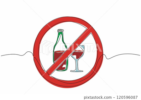 One line drawing of forbidden alcohol bottle and glass. Stop drinking liquor campaign. Urging people to healthy lifestyle with no beer. Dry January 120596087
