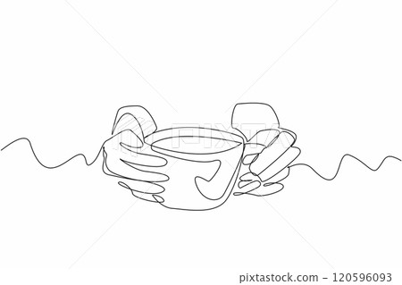 Single line drawing of hands holding a cup of tea. Relaxing beverage concept. National Hot Tea Day. World event. A symphony of flavors in every cup 120596093