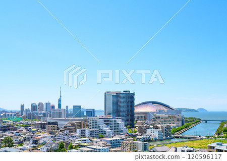 View of Momochihama, Jigyohama, and Fukuoka Tower in Sawara Ward from Tojinmachi and Ohori Park in spring 2024 in daytime colors 120596117
