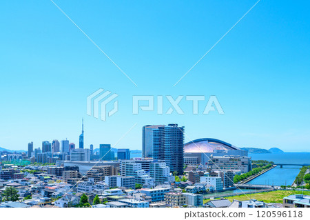 View of Momochihama, Jigyohama, and Fukuoka Tower in Sawara Ward from Tojinmachi and Ohori Park in the morning colors in spring 2024 120596118