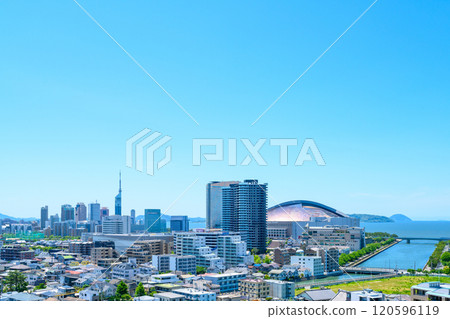 View of Momochihama, Jigyohama, and Fukuoka Tower in Sawara Ward from Tojinmachi and Ohori Park, Spring 2024, mid-morning and mid-afternoon colors 120596119
