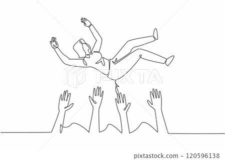 Single continuous line drawing the female worker was lifted and thrown upwards by several hands. Celebrate with joy. Greatest teamwork. National Fun at Work Day. One line design vector illustration 120596138