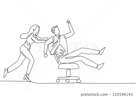 Continuous one line drawing female worker pushing male worker sits on work chair. A peaceful day. Big boss goes on business trip. National Fun at Work Day. Single line draw design vector illustration Continuous one line drawing female worker pushing male worker sits on work chair. A peaceful day. Big boss goes on business trip. National Fun at Work Day. Single line draw design vector illustration 120596143