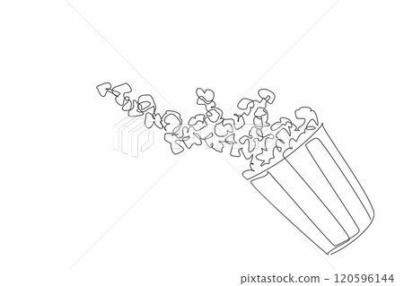One single line drawing of caramel flavor popcorn fall from stripped paper bucket and scattered flying in the air. National Popcorn Day. Food snack to watch tv together with family. Vector art graphic 120596144