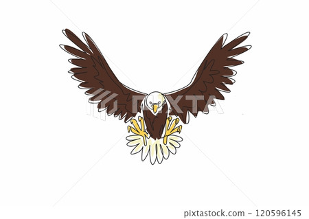 National Bird Day. One continuous line drawing of strong bald eagle posing ready to fly attack its prey. Wide open its feather wings. Template for poster, banner, flyer, background. Vector graphic 120596145