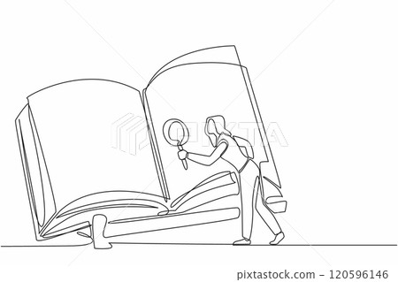 Single continuous line drawing of young curious beauty woman searching important information from big size book with magnifying glass. One line draw vector graphic art. Happy National Thesaurus Day 120596146