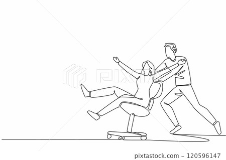 Single one line drawing male worker pushing female worker sitting on office chair. Forgetting about work. Joking with teammates. National Fun at Work Day. Continuous line design graphic illustration 120596147
