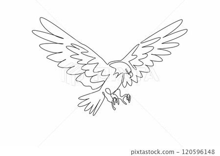 Single continuous line drawing of mighty brave bald eagle stretched its wide wings and ready to attack the prey target. Strong predator bird concept. National Bird Day 120596148