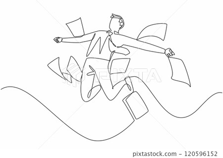 Single continuous line drawing male worker jumps accompanied by scattered paper. Amazing luck. Best marketer of the month. Feeling free. National Fun at Work Day. One line design vector illustration 120596152