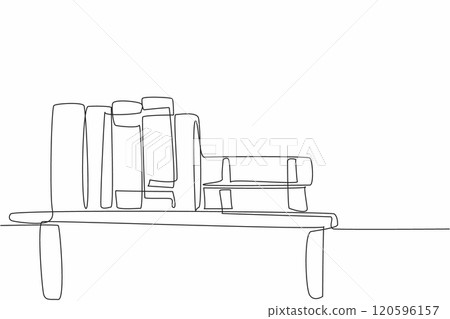 Single one line drawing of lined up and stacked thick text book above bookshelf. Book is a window to the world concept. Happy National Thesaurus Day. Continuous line draw vector illustration artwork 120596157