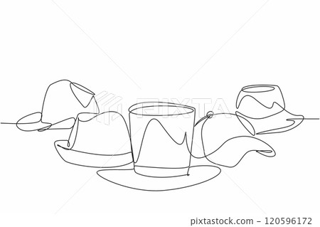 National Hat Day. Annual celebration event. One single line drawing of various type of caps lined up. Formal, relax, casual, and classic hats version. Fashionable headgear concept. Vector art design 120596172