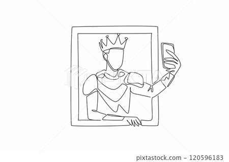One continuous line drawing of young handsome medieval man inside a antique painting frame puts out his hand and takes a selfie. Prince wearing the gold crown of kingdom symbol. Museum Selfie Day 120596183