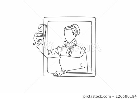 Museum Selfie Day. One single line drawing of young beauty medieval woman inside a painting frame puts out her hand and takes a selfie. Royal princess. Annual international celebration event 120596184