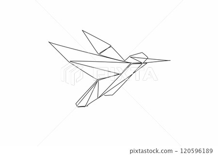 Single continuous line drawing of beauty funny origami paper form flying hummingbird. Traditional Japanese paper craft folding concept. Train fine motor skill for kids. National Bird Day 120596189