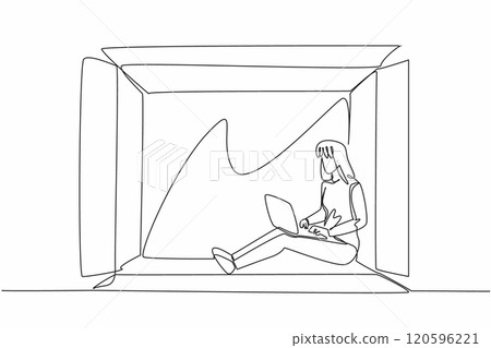 World Introvert Day. One continuous line drawing of young beautiful woman working, typing on laptop and sitting inside paper box. Lonely mental health problem. Single line vector art illustration World Introvert Day. One continuous line drawing of young beautiful woman working, typing on laptop and sitting inside paper box. Lonely mental health problem. Single line vector art illustration 120596221