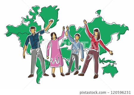 One continuous line drawing of cheerful family, mom, dad, son, daughter standing happily and rising their hands. Big world map on the wall behind. Global Family Day. International annual event One continuous line drawing of cheerful family, mom, dad, son, daughter standing happily and rising their hands. Big world map on the wall behind. Global Family Day. International annual event 120596231