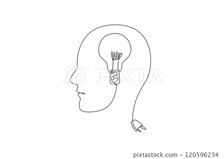 World Logic Day. Single one line drawing of human head made of wire cable with bulb lamp inside. Creative idea conceptual. New invention that com from critical thinking. Continuous line draw design 120596234